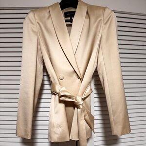 BCBGMAXAZRIA New Crème/Champagne Satin Belted Blazer Notch Lapel Single-Breasted